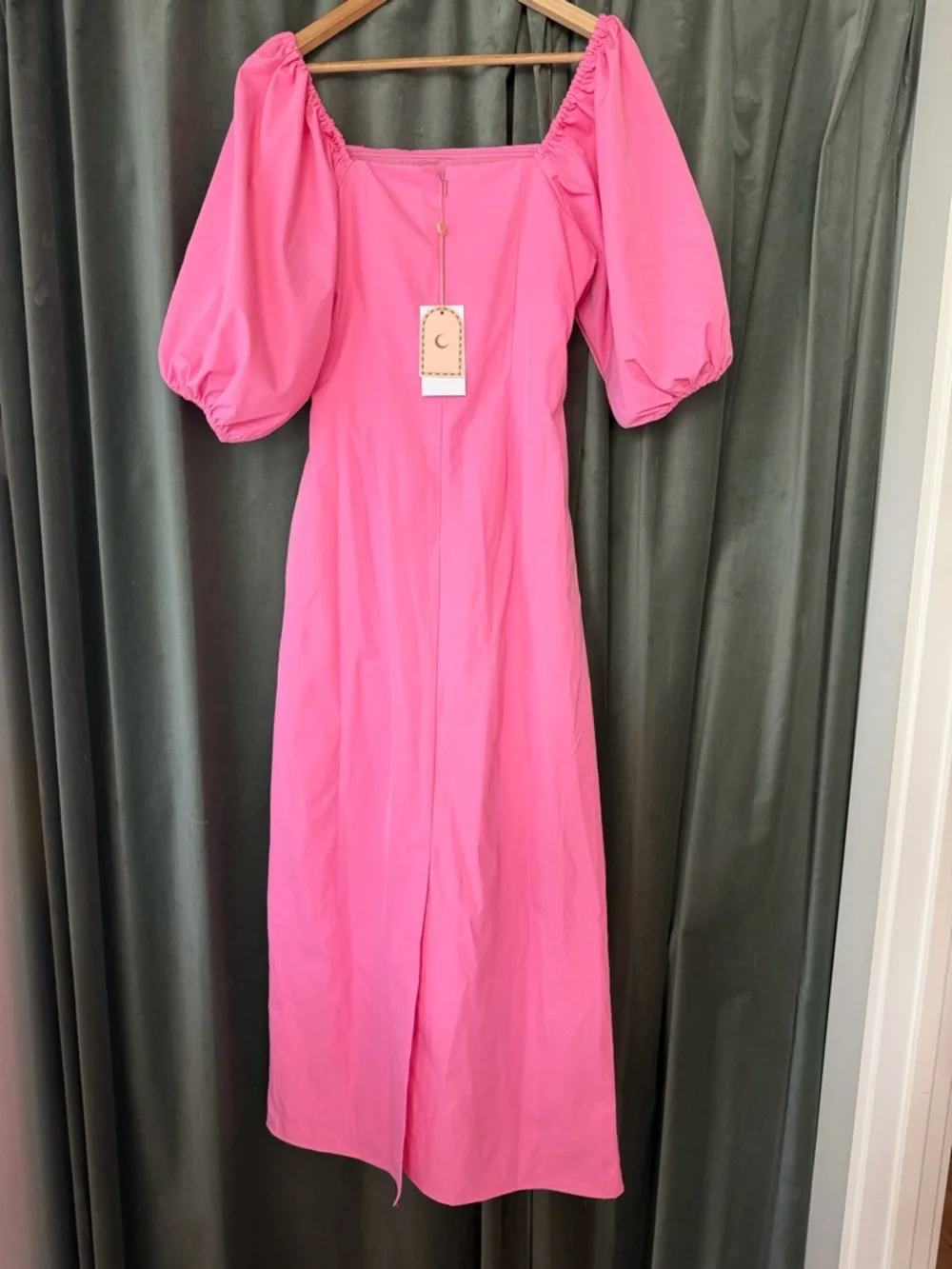 The Wolf Gang Amar Dress | Off-Shoulder Pink Puff-Sleeve Midi Dress with Bows - Picture 7 of 9